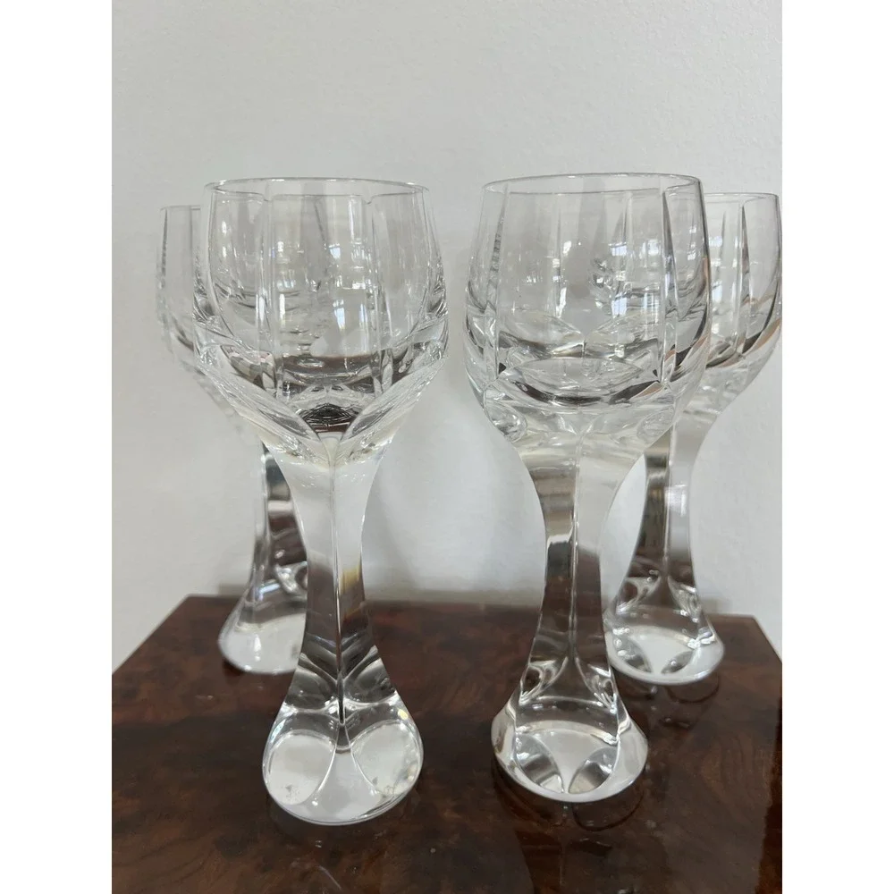 Baccarat Crystal Neptune Tall Water Goblet Glass Sharp Edge Stem Set of 4